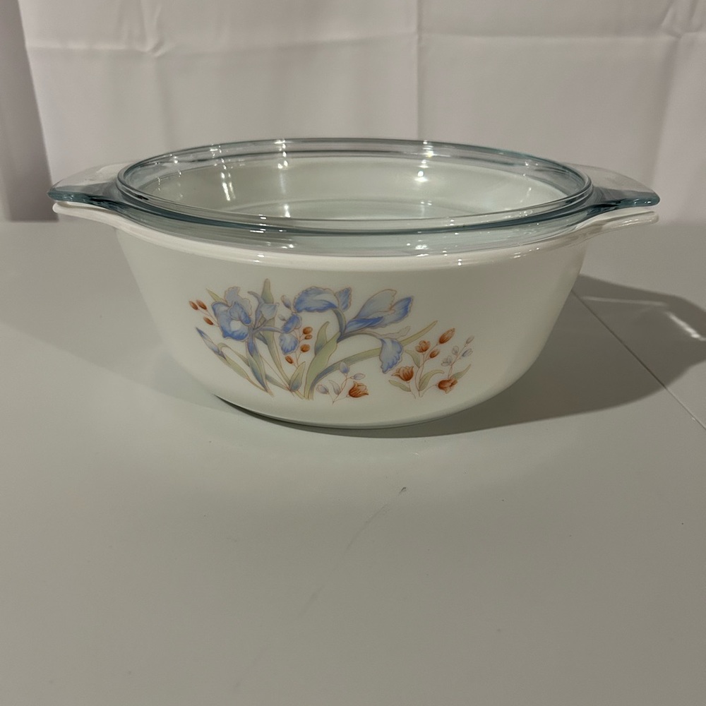Vintage Pyrex Blue Iris and Country Autumn Baking Casserole Dish